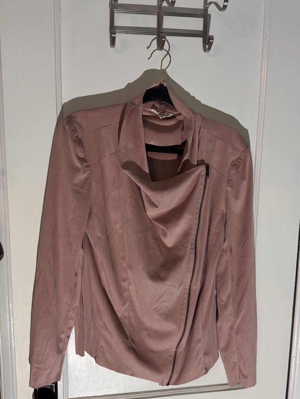 Kingston Grey Women’s L Mauve Faux Suede Draped Moto Jacket Asymmetrical Zip
